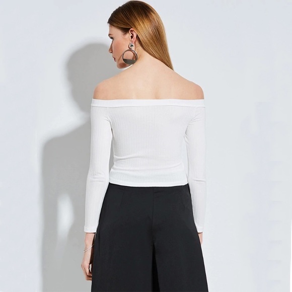 Women’s White Off Shoulder Long Sleeve Crop Top - Picture 3 of 8